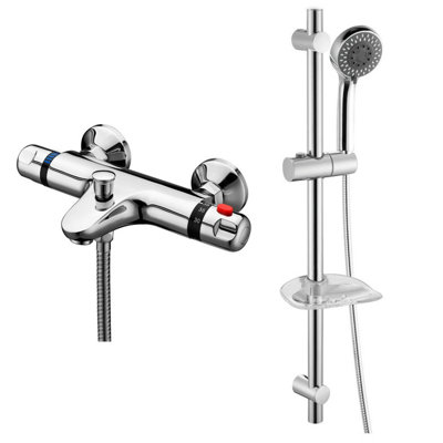Nes Home THERMOSTATIC WALL MOUNTED VALVE BATH SHOWER MIXER RISER KIT / 3 MODE HANDSET