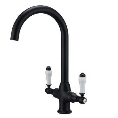 Nes Home Traditional Matte Black Twin Lever Kitchen Mixer Tap With Swivel Spout