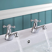 Nes Home Trafford Cross Head Basin Hot & Cold Tap Pair & Square Waste Chrome