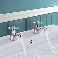 Nes Home Trafford Cross Head Basin Hot & Cold Tap Pair & Waste Chrome