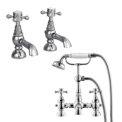 Nes Home Trafford Twin Hot and Cold Basin Taps & Bath Shower Mixer Tap Chrome