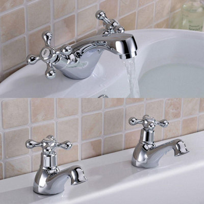 Nes Home Trafford Victorian Bath Taps & Basin Mono Mixer Tap Set and Waste Chrome