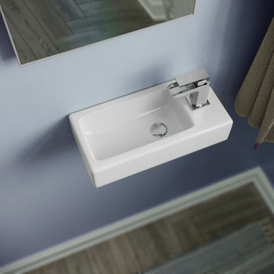 Nes Home Tulla 375 x 185mm Small Cloakroom Rectangle Wall Hung Basin Sink and Fittings Right Hand