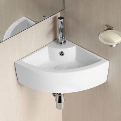 Nes Home Tulla 450 x 325mm Cloakroom Small Quarter Circle Corner Wall Hung Basin Sink and Wall Fixings