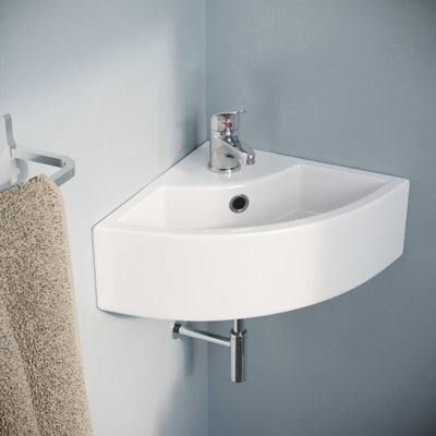 Nes Home Tulla 450 x 325mm Cloakroom Small Quarter Circle Corner Wall Hung Basin Sink, Tap and Waste