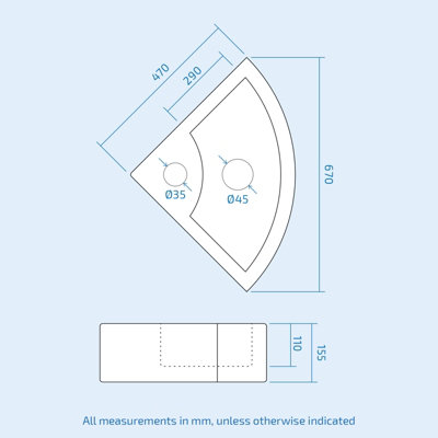 Nes Home Tulla 670 x 470mm Cloakroom Large Quarter Circle Corner Wall Hung Basin Sink - 4