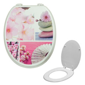 Nes Home Universal Classic Oval Shaped Design Toilet Seat & Fixings Flower Pink Pattern Print