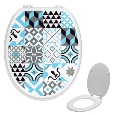 Nes Home Universal Classic Oval Shaped Design Toilet Seat & Fixings Tile Pattern Print