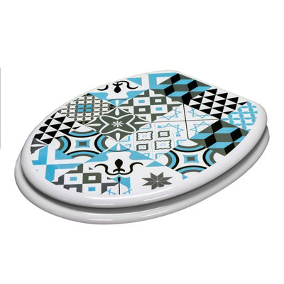 Nes Home Universal Classic Oval Shaped Design Toilet Seat & Fixings Tile Pattern Print - 3