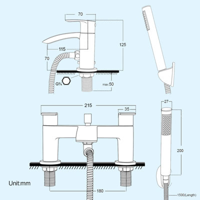 Nes Home Vago Matte Black Deck Mounted Waterfall Bath Shower Mixer Tap - 5