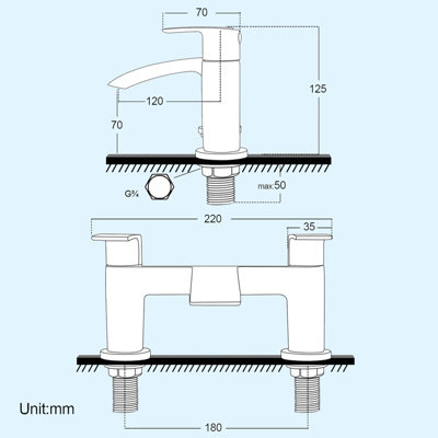 Nes Home Modern Round Deck Mounted Brass Mono Twin Lever Bath Mixer Chrome | UK