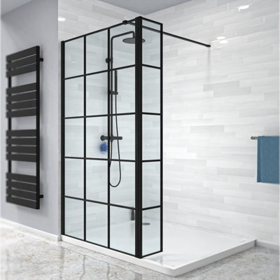 Nes Home Wet Room 1000 Shower Enclosure Screen Black Grid 8mm & Return Panel