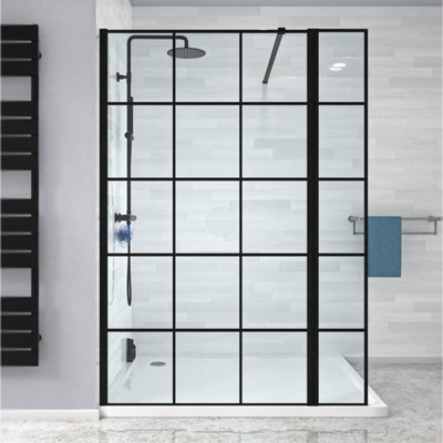 Nes Home Wet Room 1000 Shower Enclosure Screen Black Grid 8mm & Return Panel