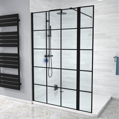 Nes Home Wet Room 1000 Shower Enclosure Screen Black Grid 8mm & Return Panel - 5