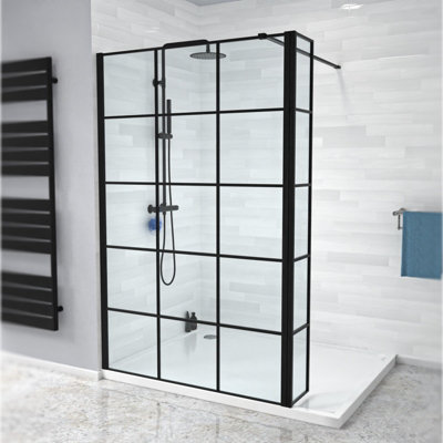 Nes Home Wet Room 1200 Shower Enclosure Screen Black Grid 8mm & Return Panel