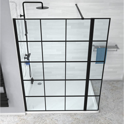 Nes Home Wet Room 1200 Shower Enclosure Screen Black Grid 8mm & Return Panel