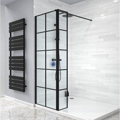 Nes Home Wet Room 700 Shower Enclosure Screen Black Grid 8mm & Return Panel