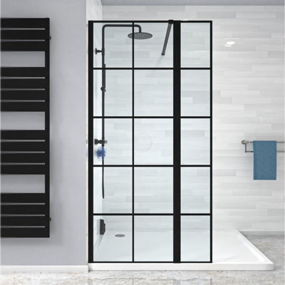 Nes Home Wet Room 700 Shower Enclosure Screen Black Grid 8mm & Return Panel