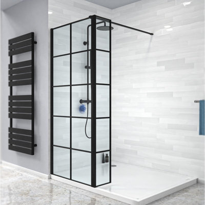 Nes Home Wet Room 800 Shower Enclosure Screen Black Grid 8mm & Return Panel