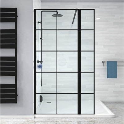 Nes Home Wet Room 800 Shower Enclosure Screen Black Grid 8mm & Return Panel