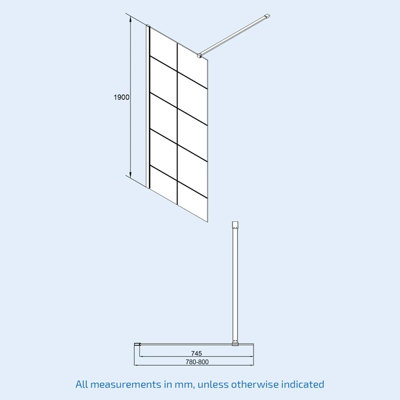 Nes Home Wet Room 800 Shower Enclosure Screen Black Grid 8mm & Return Panel - 8