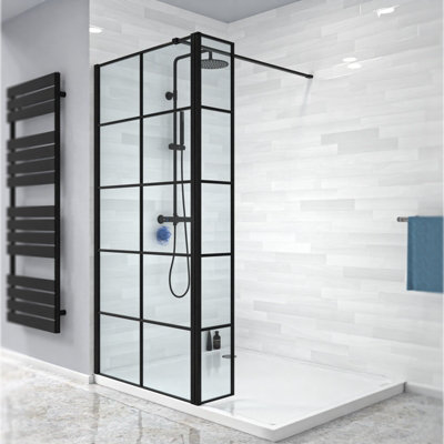 Nes Home Wet Room 900 Shower Enclosure Screen Black Grid 8mm & Return Panel
