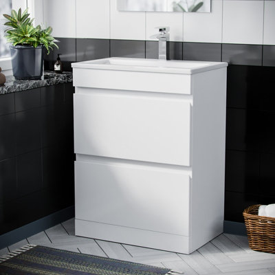 Nes Home White 600mm PVC 2 Drawer Vanity Cabinet & Slim Basin Sink Floorstanding
