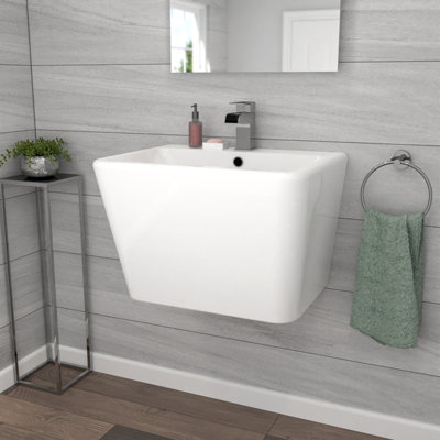 Nes Home White Modern Rectangle Square Wall Hung Ceramic Basin