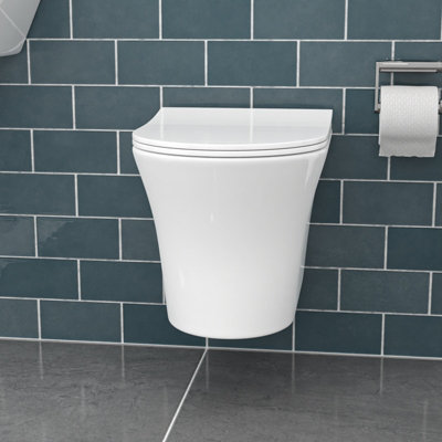 Nes Home White Rimless Soft Close Slim Seat Round Wall Hung Toilet