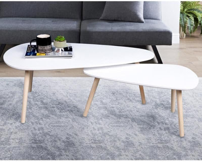 Nest of 2 Coffee Tables Stylish Tear Shaped Design White Modern Nesting Tables with 12mm MDF Top and Pine Wood Legs