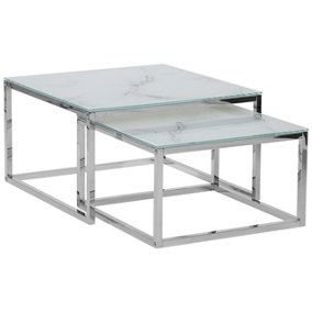Nest of 2 Tables Marble Effect White with Silver BREA