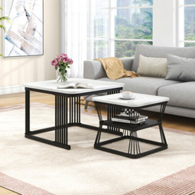 Nest of 2 Tables Square Coffee Table with Black Metal Frame Legs and Marble Pattern White Top for Living Room Home