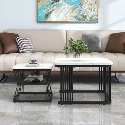 Nest of 2 Tables Square Coffee Table with Black Metal Frame Legs and Marble Pattern White