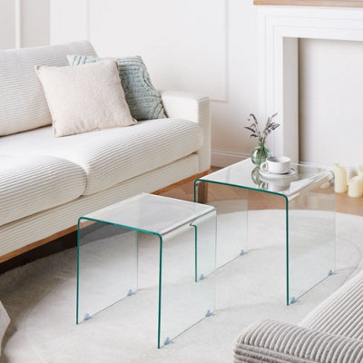 Nest Set of 2 Transparent Tempered Glass Side Tables Rectangular 42 x ...