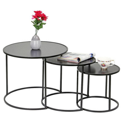 Nesting Coffee Table Set of 3 Modern Round End Tables with Black Metal ...