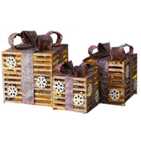 Netagon Set of 3 Under Christmas Tree Festive Battery Operated LED Light Up Presents Gift Boxes- Red Glitter Tartan