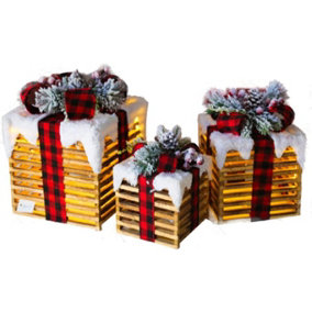 Netagon Set of 3 Under Christmas Tree Festive Battery Operated LED Light Up Presents Gift Boxes- Red Tartan
