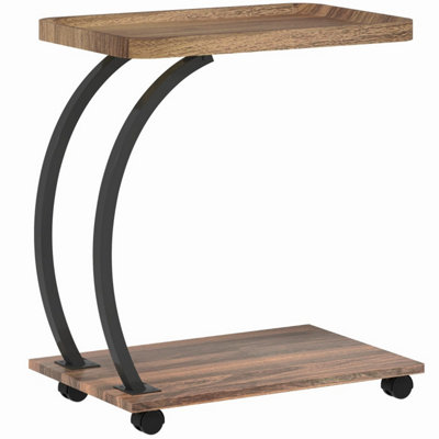 Netari Brown Wood-Effect and Black Metal 2-Tier Mobile C-Shaped Side ...