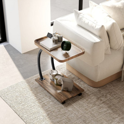 Netari Brown Wood-Effect and Black Metal 2-Tier Mobile C-Shaped Side ...