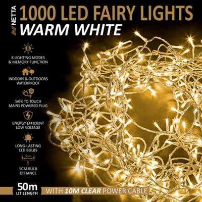 NETTA 1000 LED 100M Fairy String Lights with Clear Cable - Warm White ...