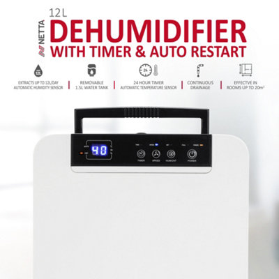 NETTA 12L Low Energy Dehumidifier with Continuous Drainage and Timer - Ideal for Damp, Condensation and Laundry Drying