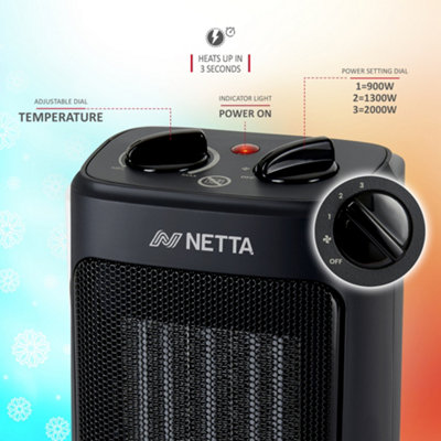 NETTA 2000W Ceramic Fan Heater 3 Heat Settings Overheat Protection - Black