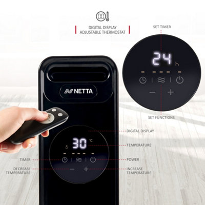 NETTA 2000W Oil Radiator with Timer, Remote & Digital Display - Black