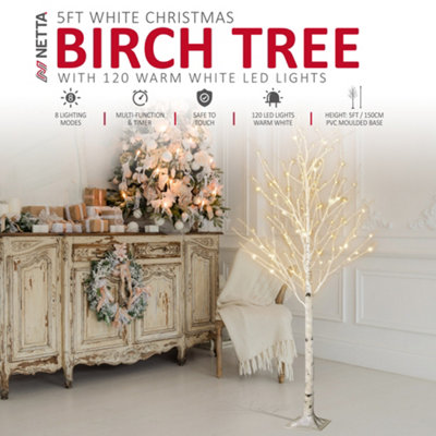 NETTA 5FT Birch Twig Tree with 120 Warm White LED Lights - White
