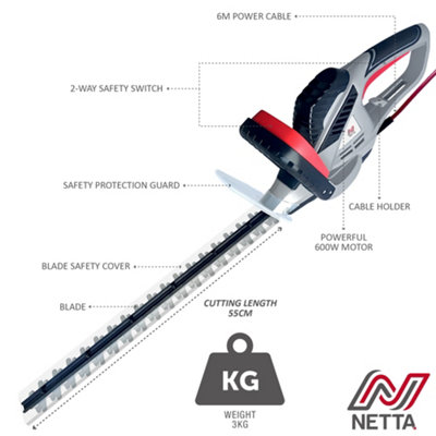 NETTA 600W Corded Hedge Trimmer and Cutter with 55cm Diamond Cutting Blade