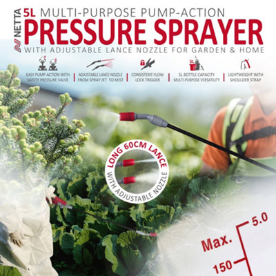 NETTA Garden Sprayer 5 Litre Pressure Pump Sprayer for Weed Killer ...