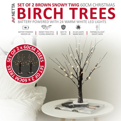 NETTA Set of 2 2FT Twig Birch Tree with Pre-Lit with 24 Warm White LEDs - Battery Powered - Brown