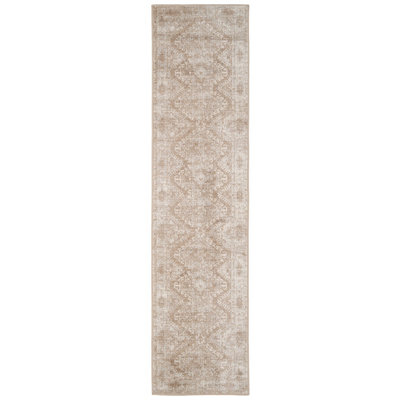 Neutral Beige Bordered Geometric Distressed Runner Rug 60x240cm