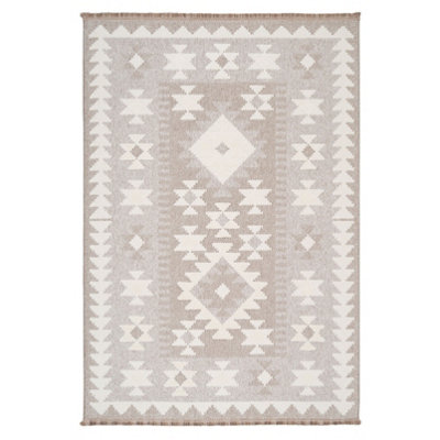 Neutral Beige Brown Geometric Scandi Style Fringed Area Rug 160cm x 230cm