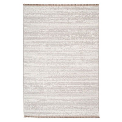 Neutral Beige Brown Scandi Fringed Living Area Rug 120cm x 170cm